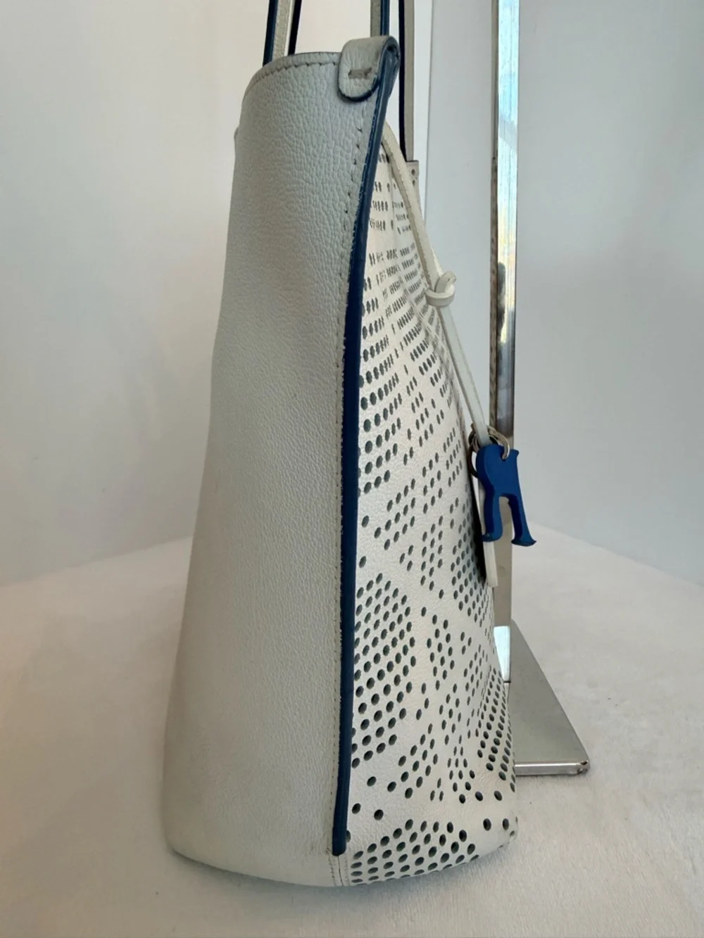 Dior Women’s White Perforated Tote Bag with Blue Interior